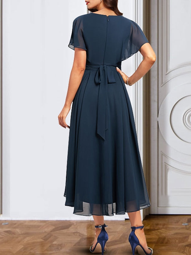V Neck Short Sleeve Chiffon Mother of the Bride A Line Dress with Belt