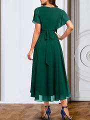 V Neck Short Sleeve Chiffon Mother of the Bride A Line Dress with Belt