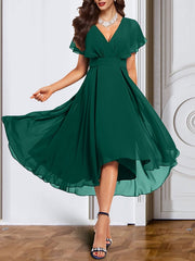 V Neck Short Sleeve Chiffon Mother of the Bride A Line Dress with Belt