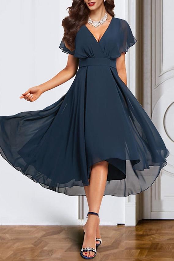 V Neck Short Sleeve Chiffon Mother of the Bride A Line Dress with Belt