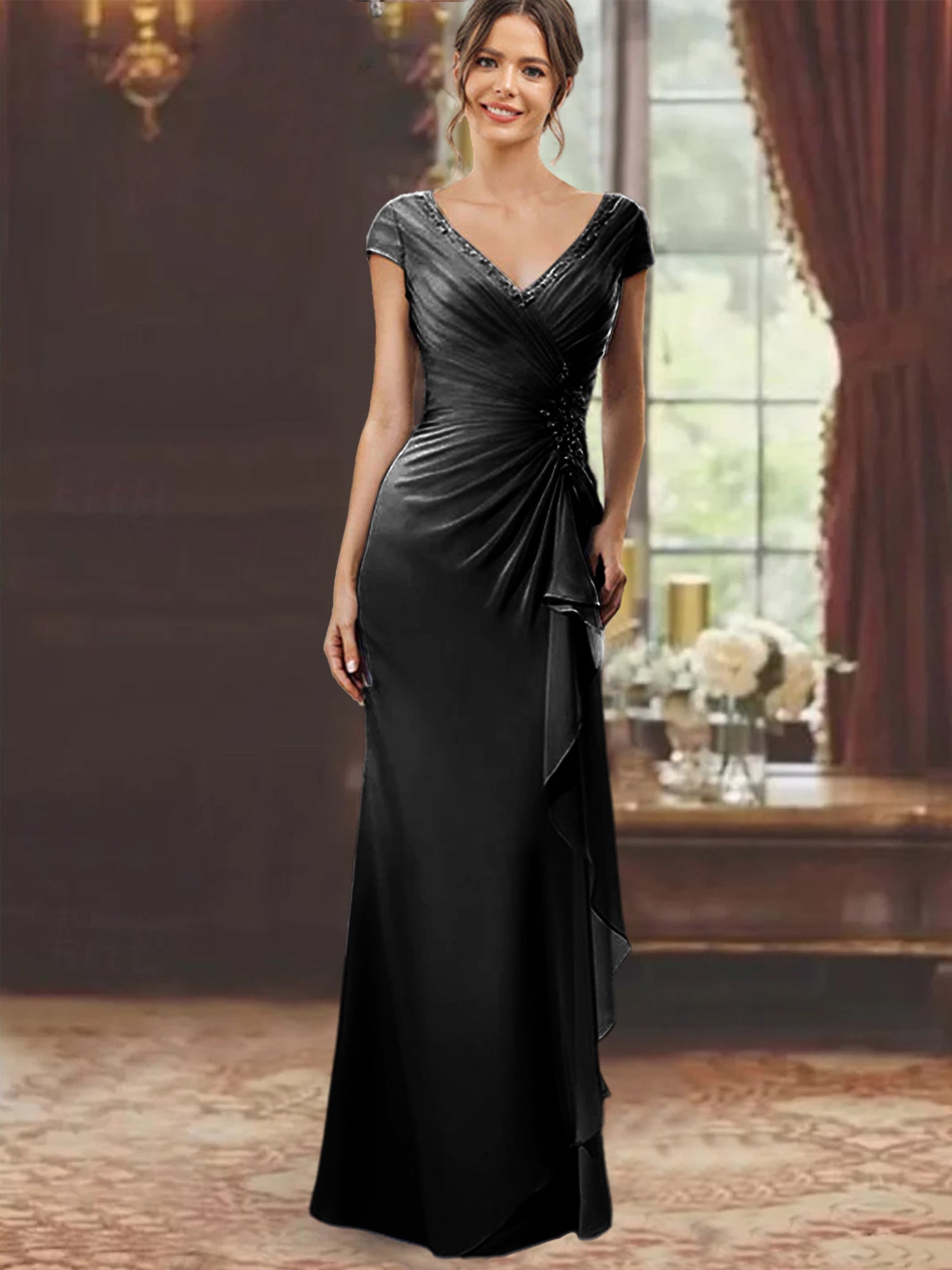 V Neck Short Sleeve Long Sheath Dress for the Mother of the Bride with Ruffles and Appliques