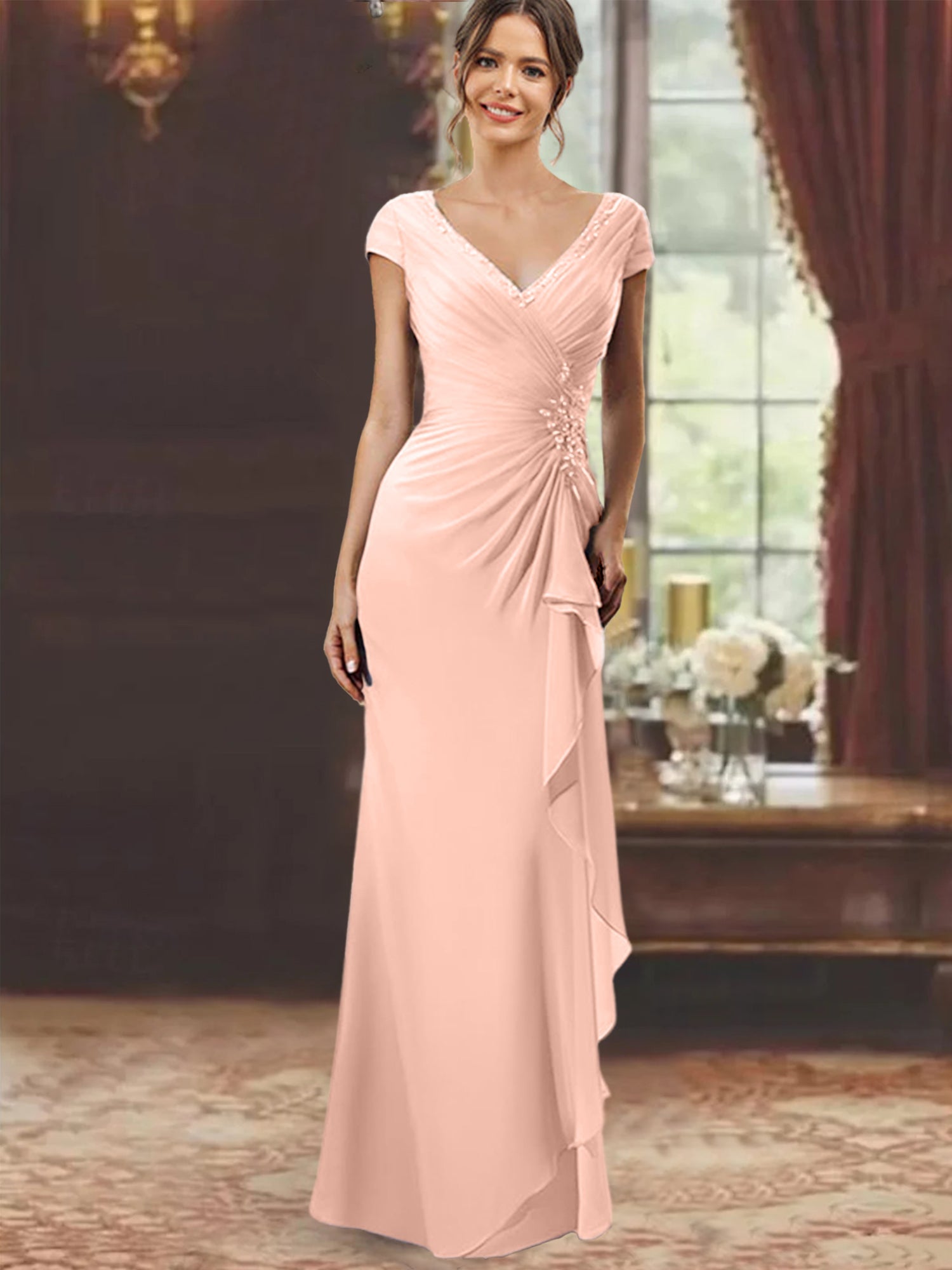 V Neck Short Sleeve Long Sheath Dress for the Mother of the Bride with Ruffles and Appliques