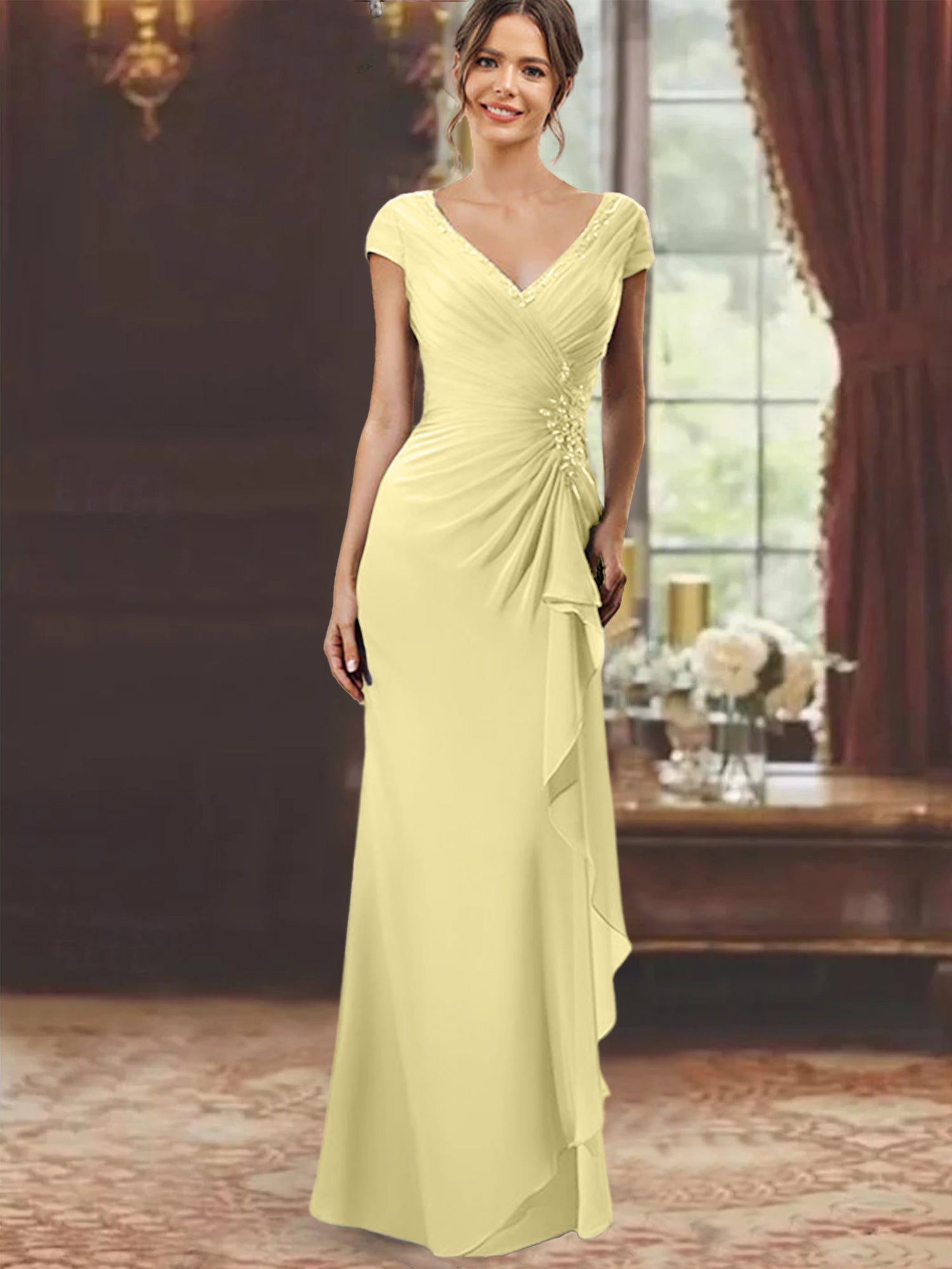 V Neck Short Sleeve Long Sheath Dress for the Mother of the Bride with Ruffles and Appliques