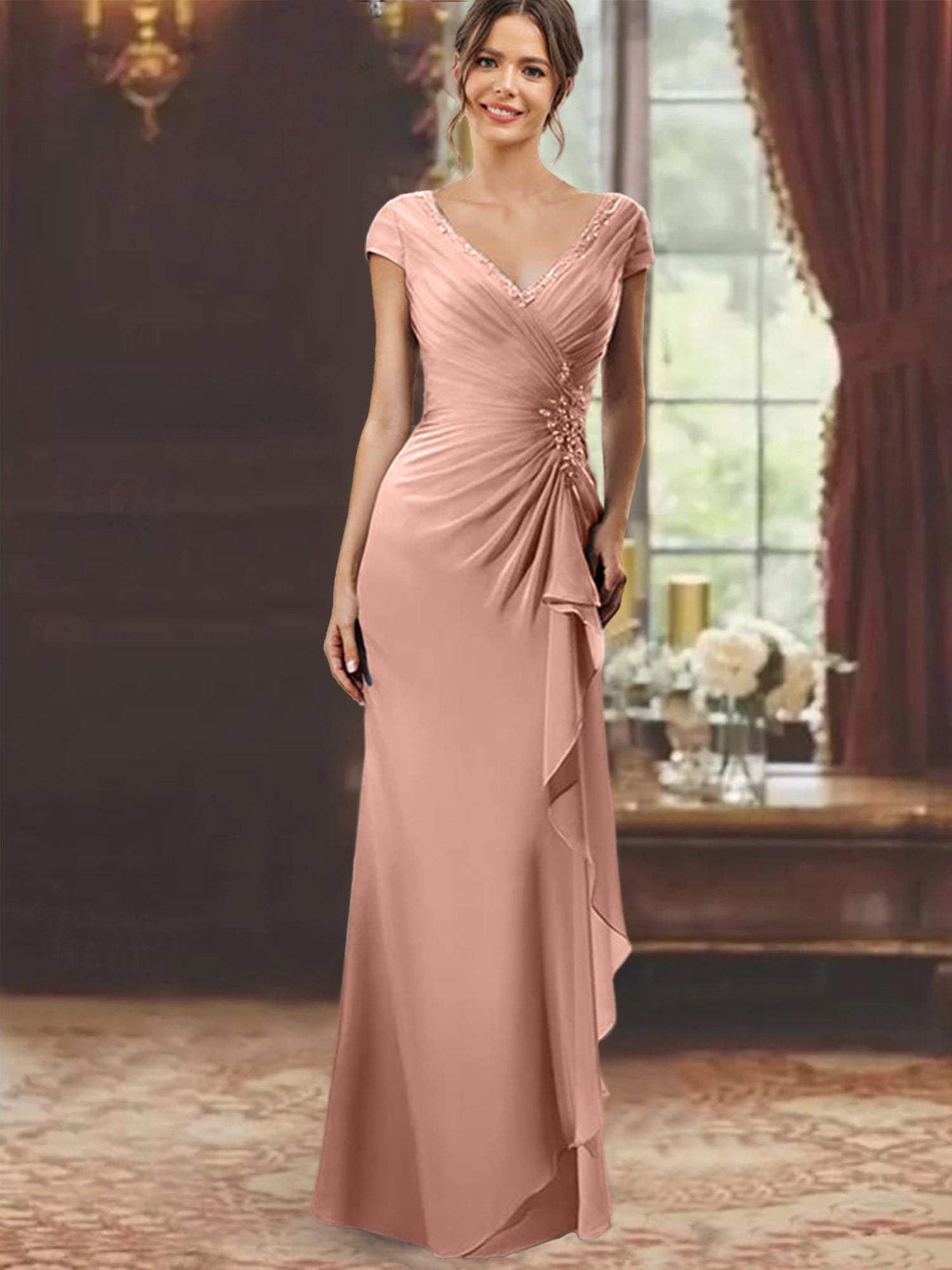 V Neck Short Sleeve Long Sheath Dress for the Mother of the Bride with Ruffles and Appliques