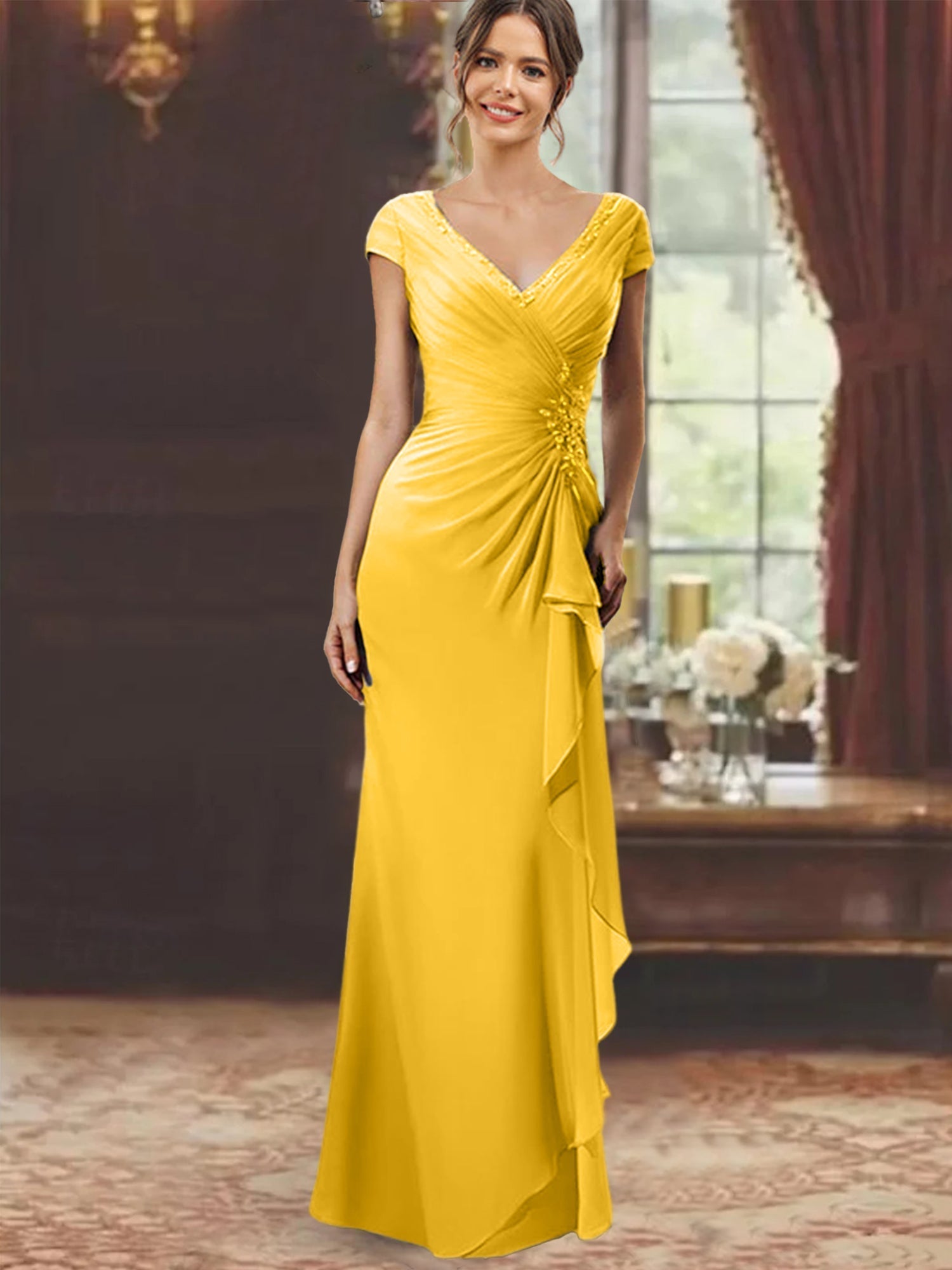 V Neck Short Sleeve Long Sheath Dress for the Mother of the Bride with Ruffles and Appliques