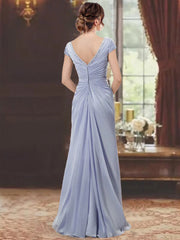 V Neck Short Sleeve Long Sheath Dress for the Mother of the Bride with Ruffles and Appliques