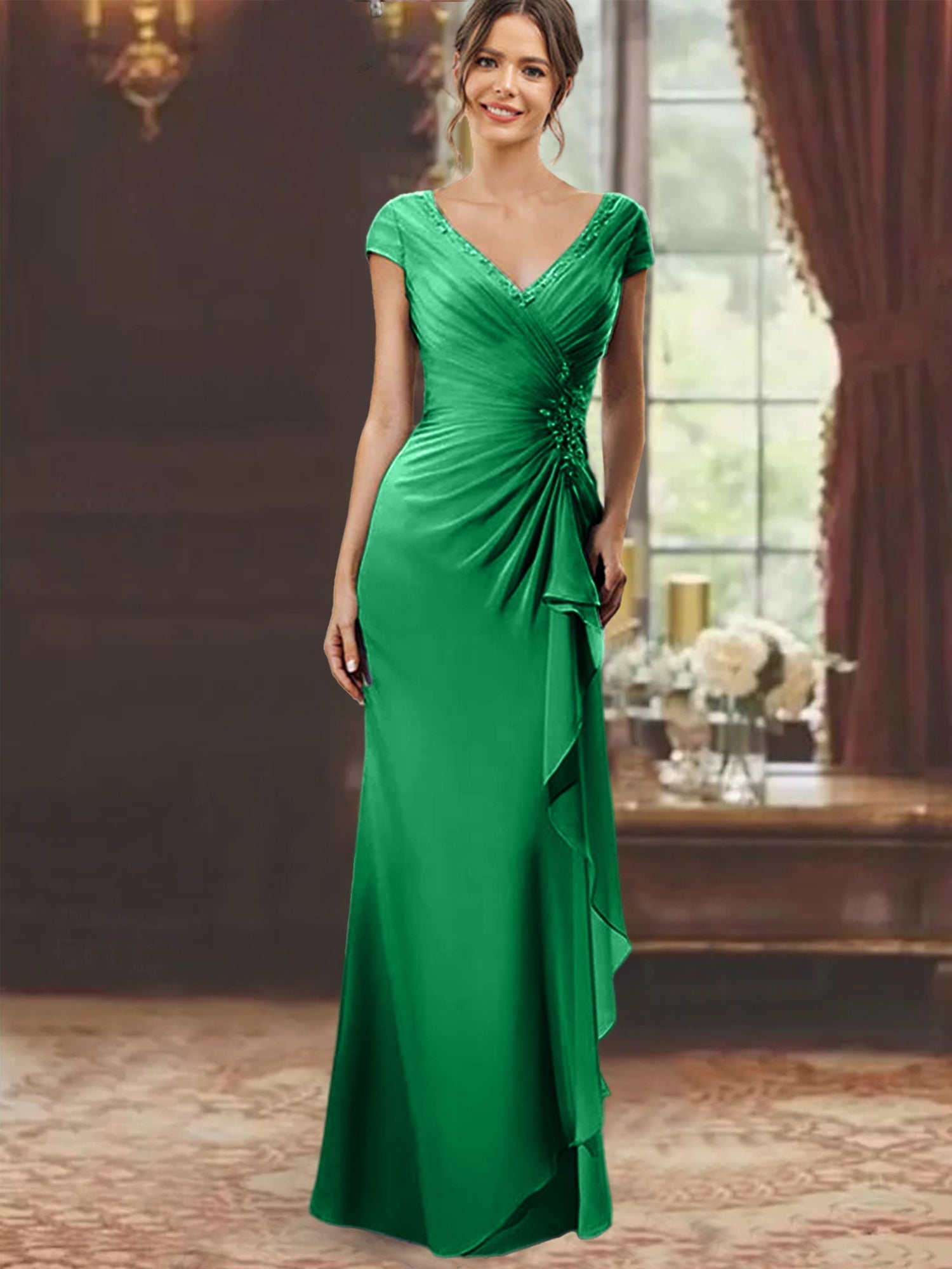 V Neck Short Sleeve Long Sheath Dress for the Mother of the Bride with Ruffles and Appliques