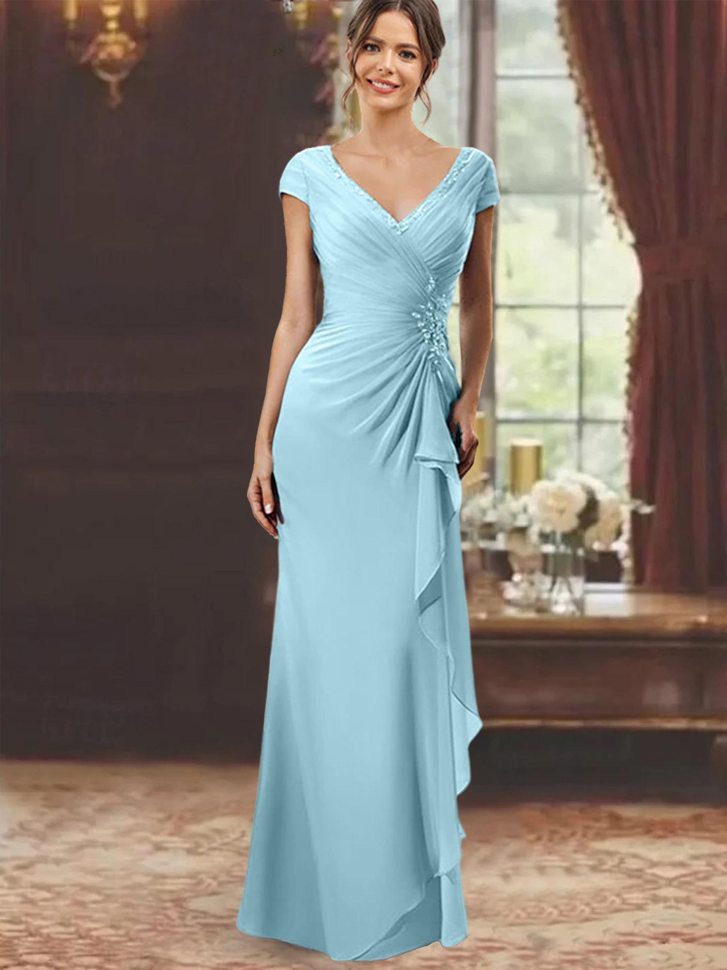 V Neck Short Sleeve Long Sheath Dress for the Mother of the Bride with Ruffles and Appliques