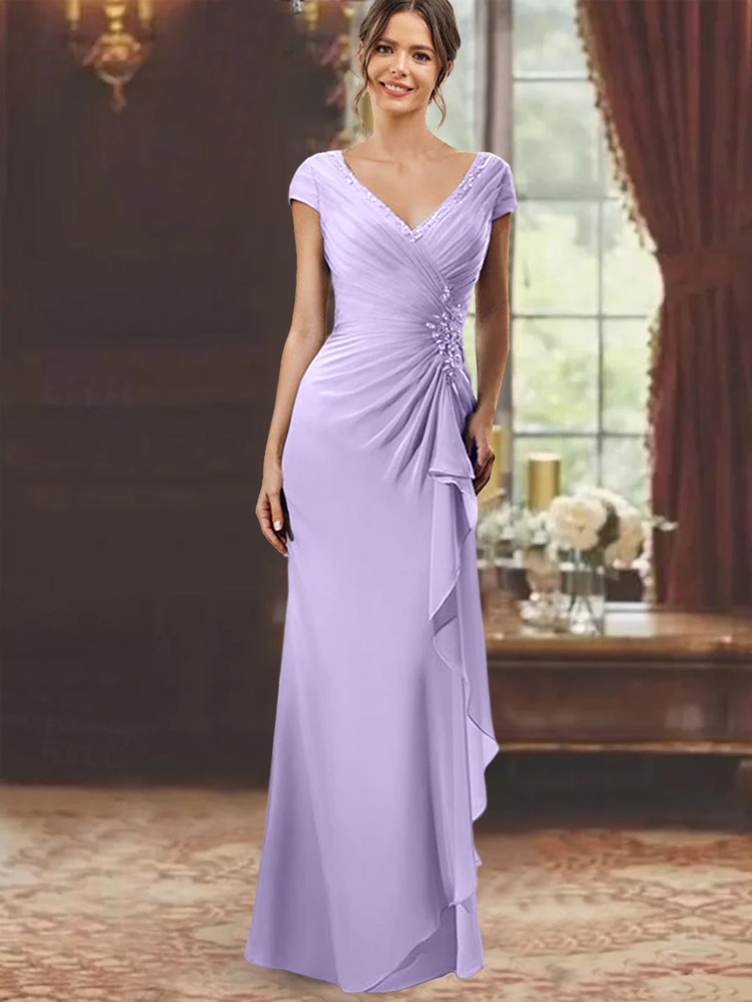 V Neck Short Sleeve Long Sheath Dress for the Mother of the Bride with Ruffles and Appliques
