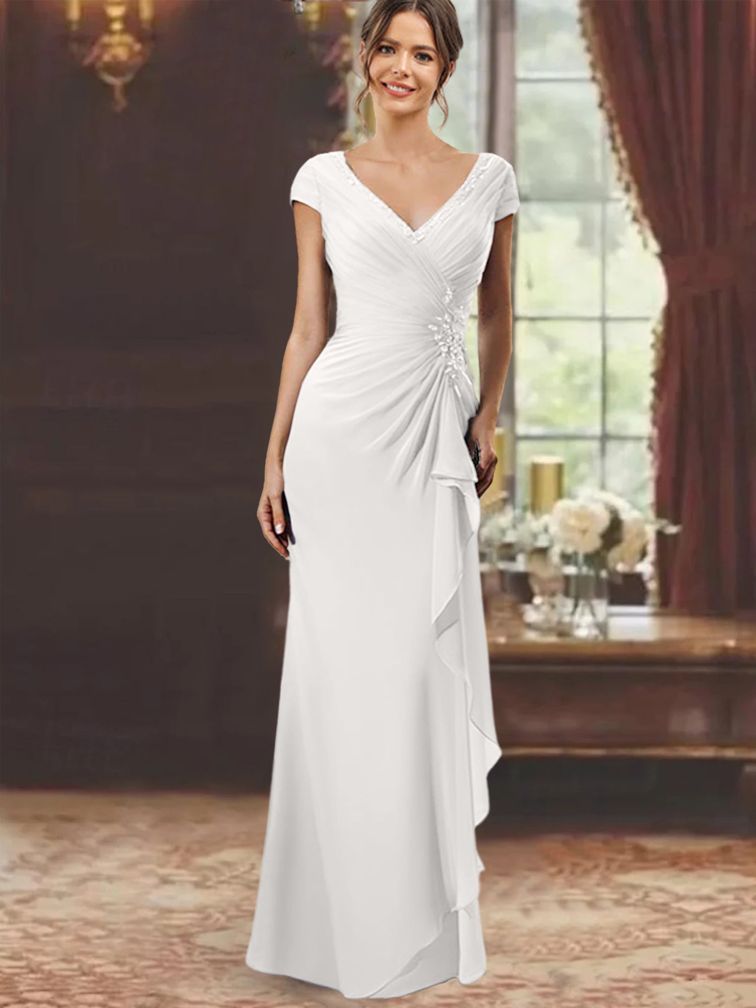 V Neck Short Sleeve Long Sheath Dress for the Mother of the Bride with Ruffles and Appliques