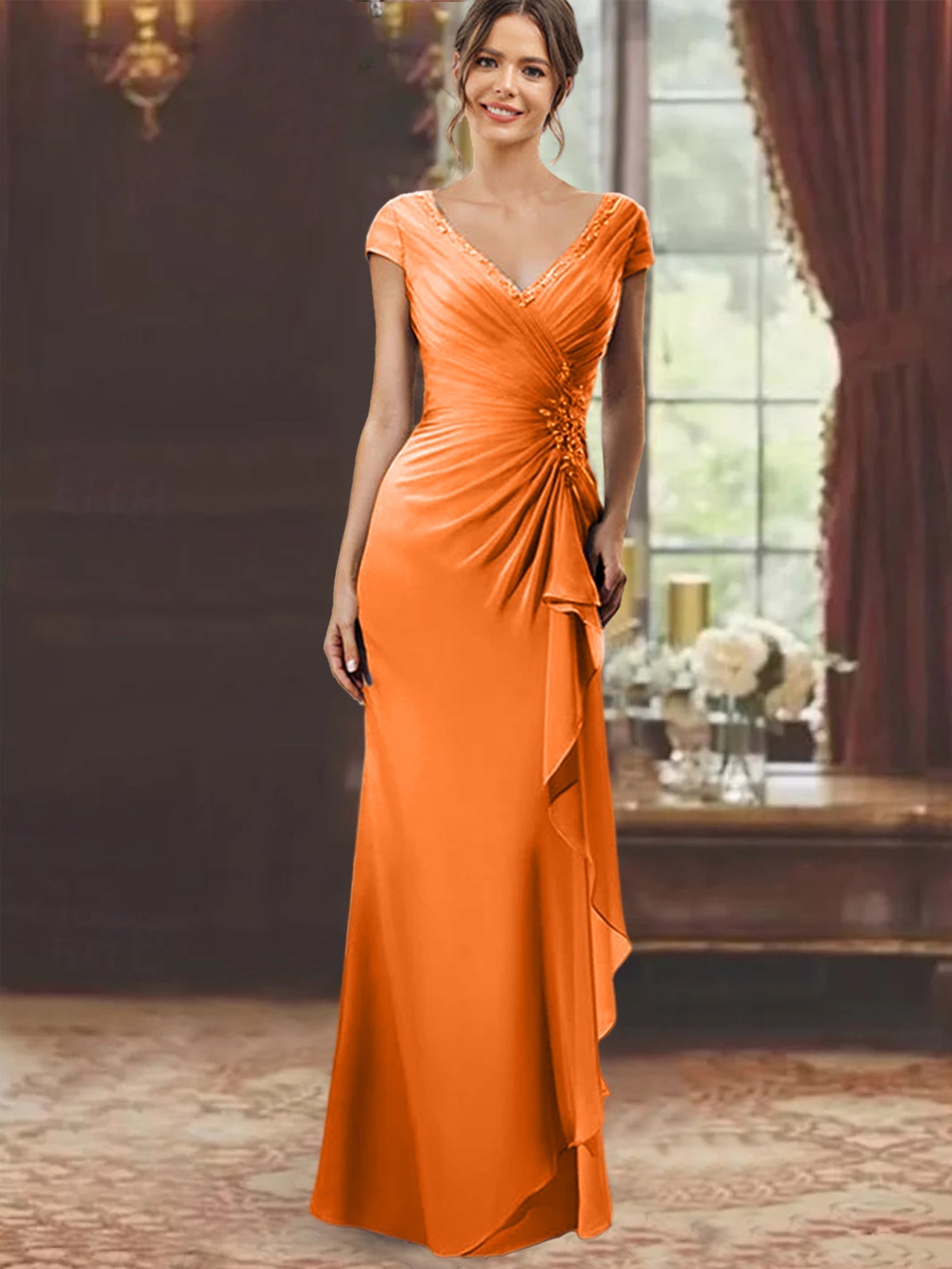 V Neck Short Sleeve Long Sheath Dress for the Mother of the Bride with Ruffles and Appliques