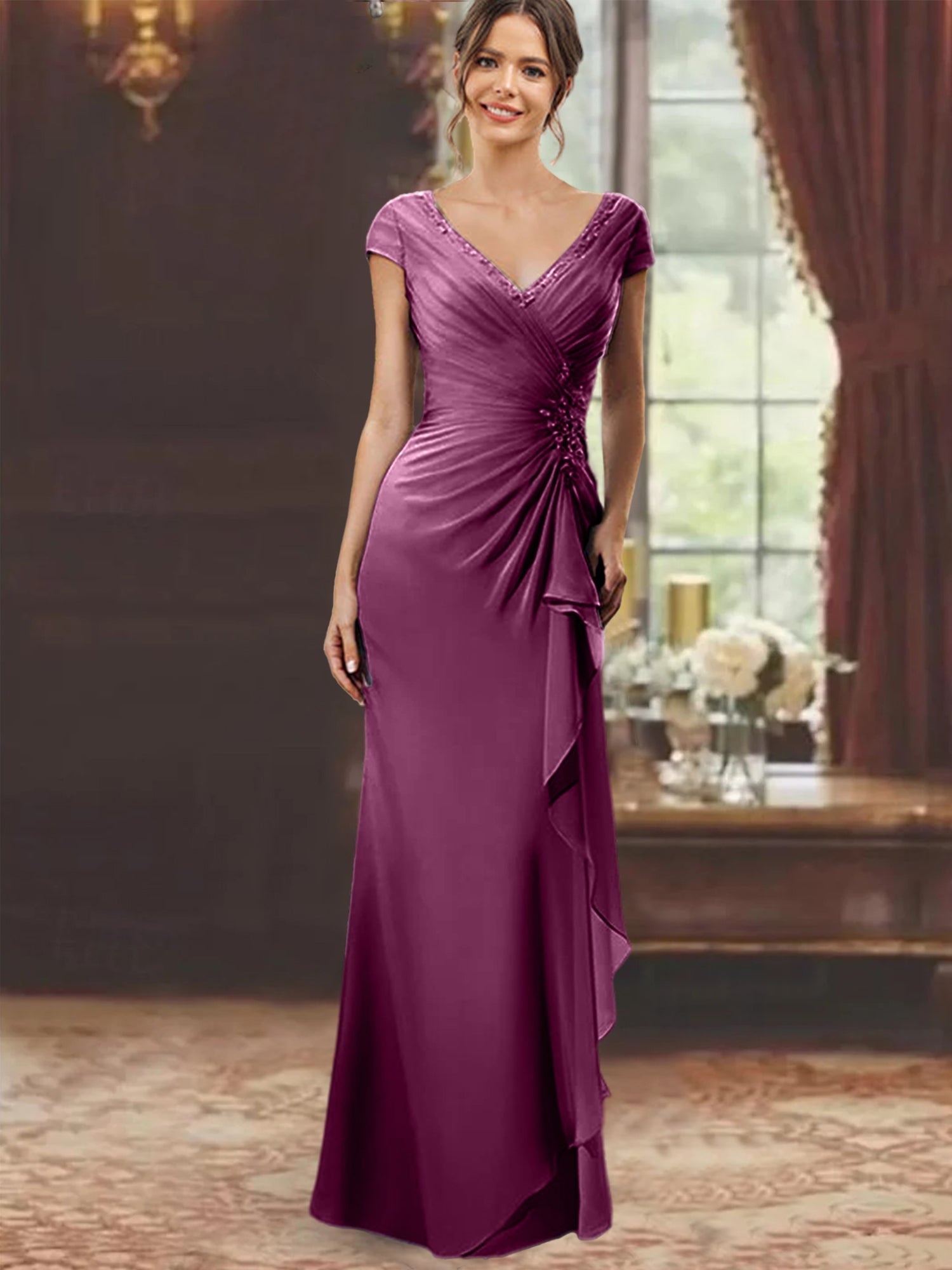 V Neck Short Sleeve Long Sheath Dress for the Mother of the Bride with Ruffles and Appliques