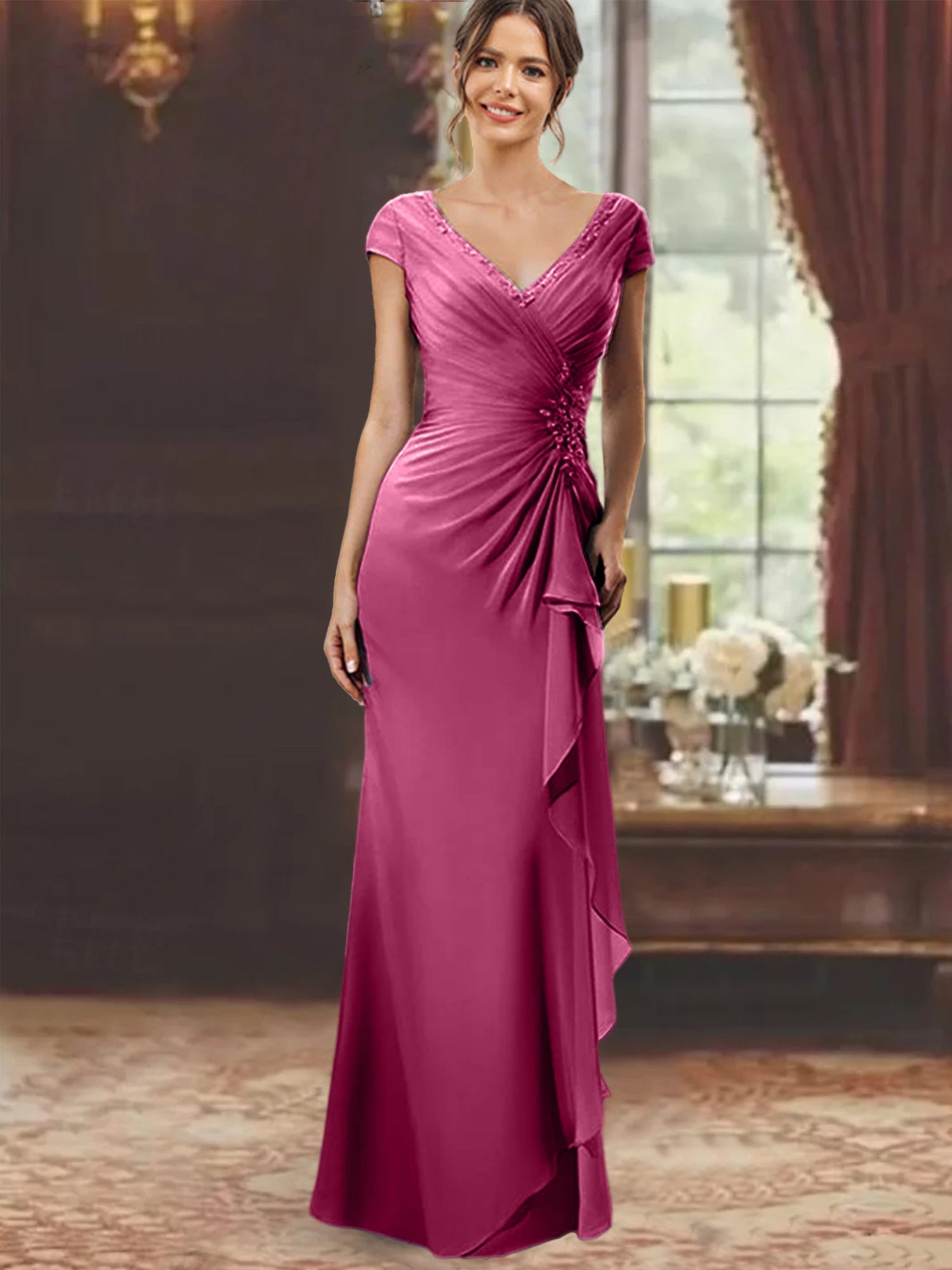 V Neck Short Sleeve Long Sheath Dress for the Mother of the Bride with Ruffles and Appliques