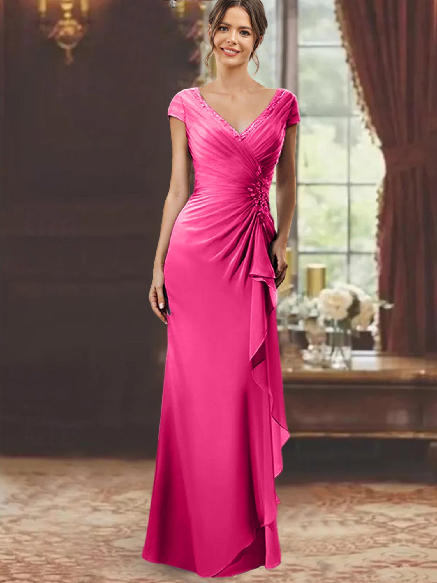 V Neck Short Sleeve Long Sheath Dress for the Mother of the Bride with Ruffles and Appliques