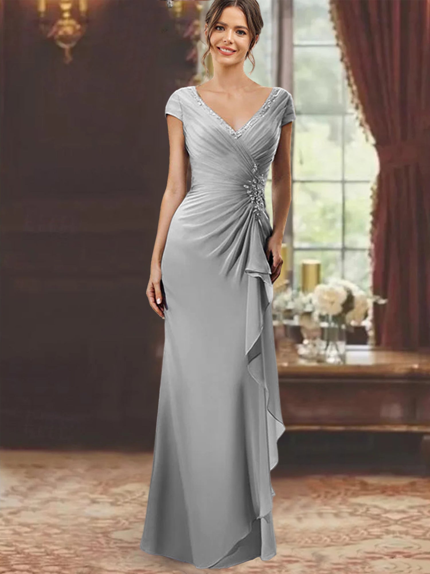 V Neck Short Sleeve Long Sheath Dress for the Mother of the Bride with Ruffles and Appliques