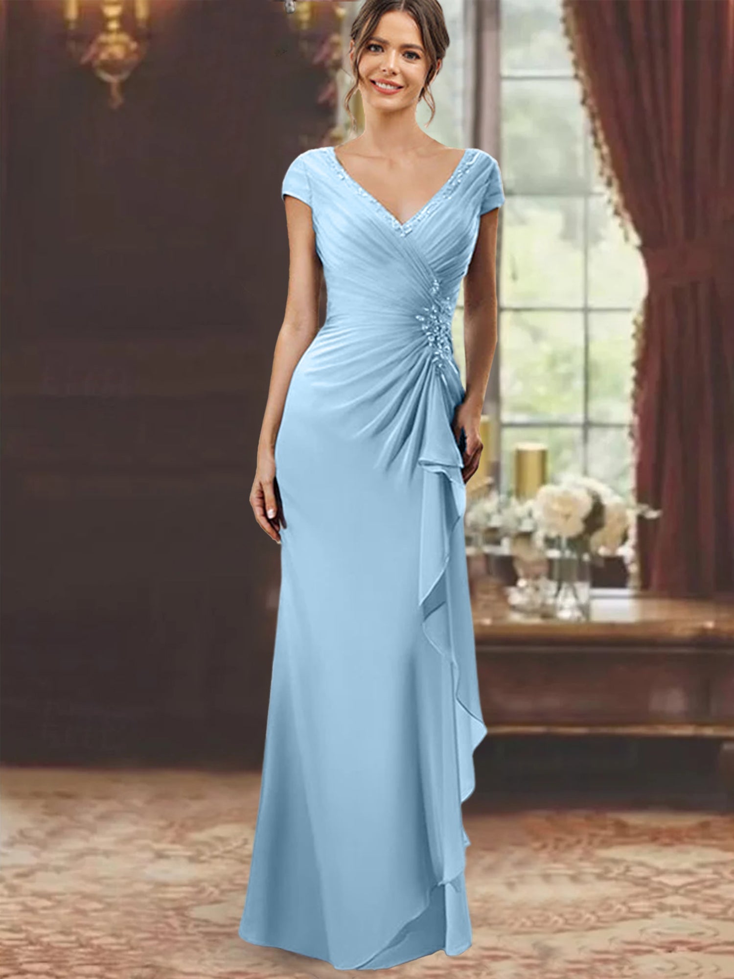 V Neck Short Sleeve Long Sheath Dress for the Mother of the Bride with Ruffles and Appliques