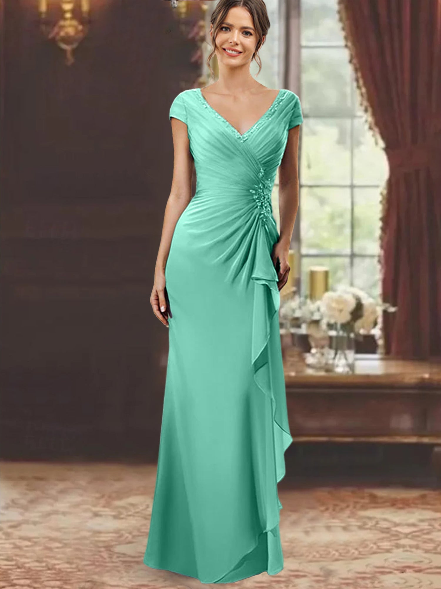 V Neck Short Sleeve Long Sheath Dress for the Mother of the Bride with Ruffles and Appliques