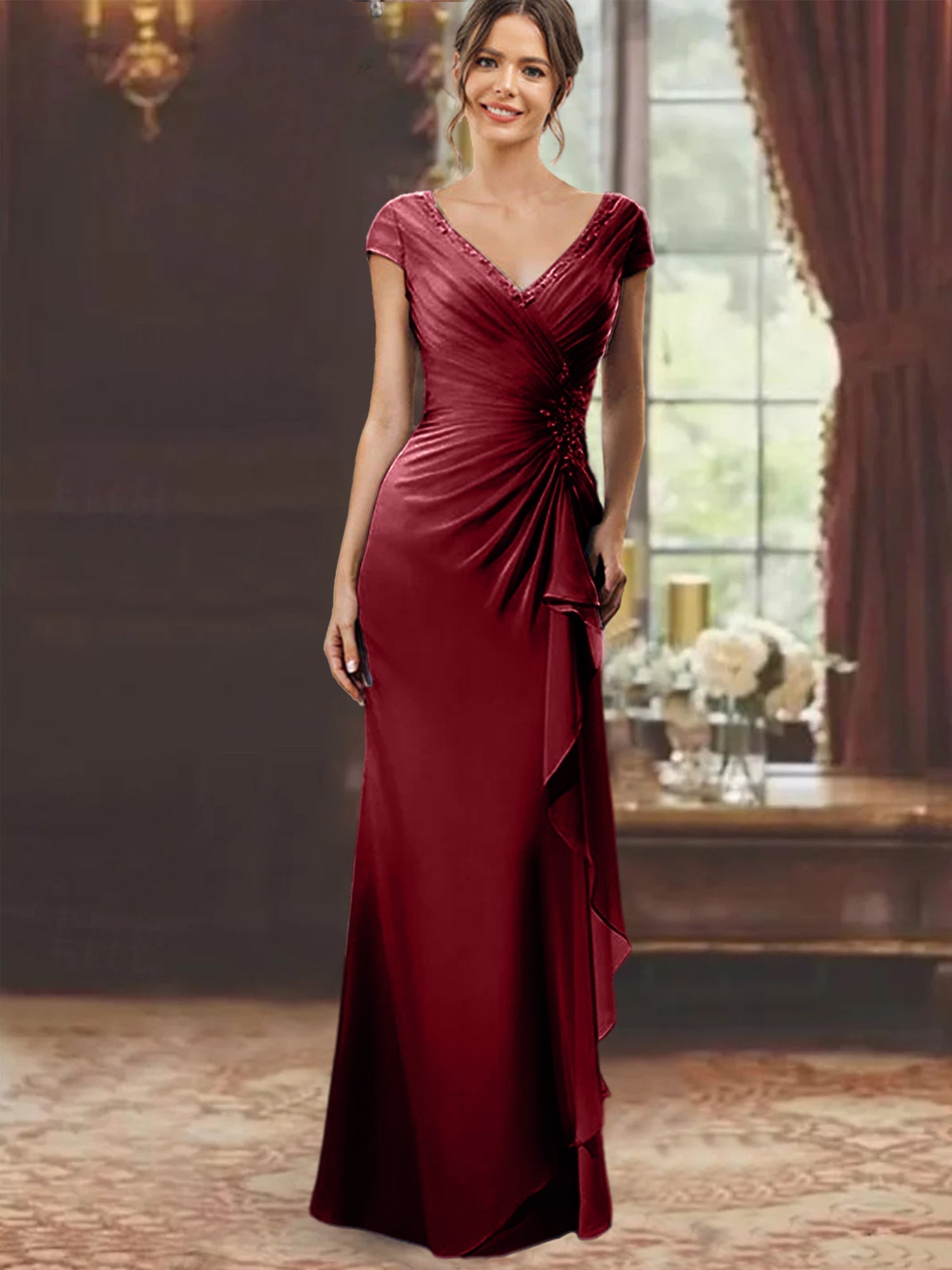 V Neck Short Sleeve Long Sheath Dress for the Mother of the Bride with Ruffles and Appliques