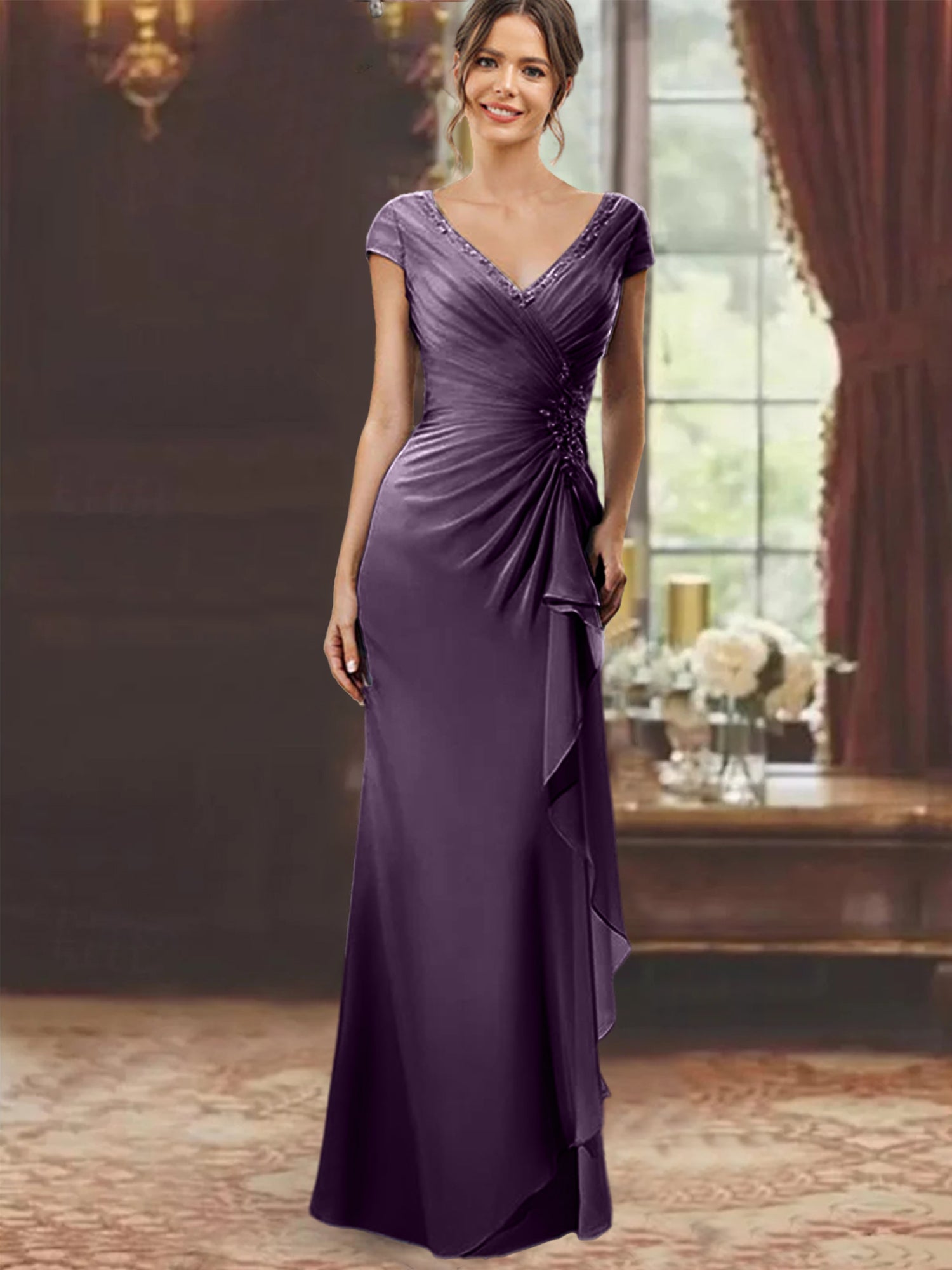 V Neck Short Sleeve Long Sheath Dress for the Mother of the Bride with Ruffles and Appliques
