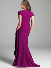 V Neck Short Sleeve Plus Size Mother of the Bride Long Sheath Dress with Side Split