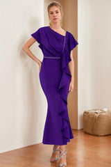 V Neck Short Sleeve Sheath Dress with Ruffles and Rhinestones for Mothers of the Bride & Groom