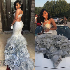 V-Neck Silver Sexy Ruffles Two-Pieces Evening Gown | Zipper Sleeveless Mermaid Evening Gown