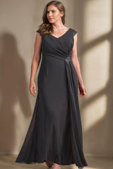 V Neck Sleeveless Plus Size A Line Long Mother of the Bride Dress with Sequins and Ruffles