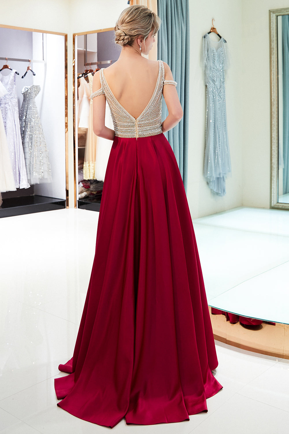 V-Neck Sleeveless Red Evening Dresses | Sexy Crystal Open Back Prom Dress