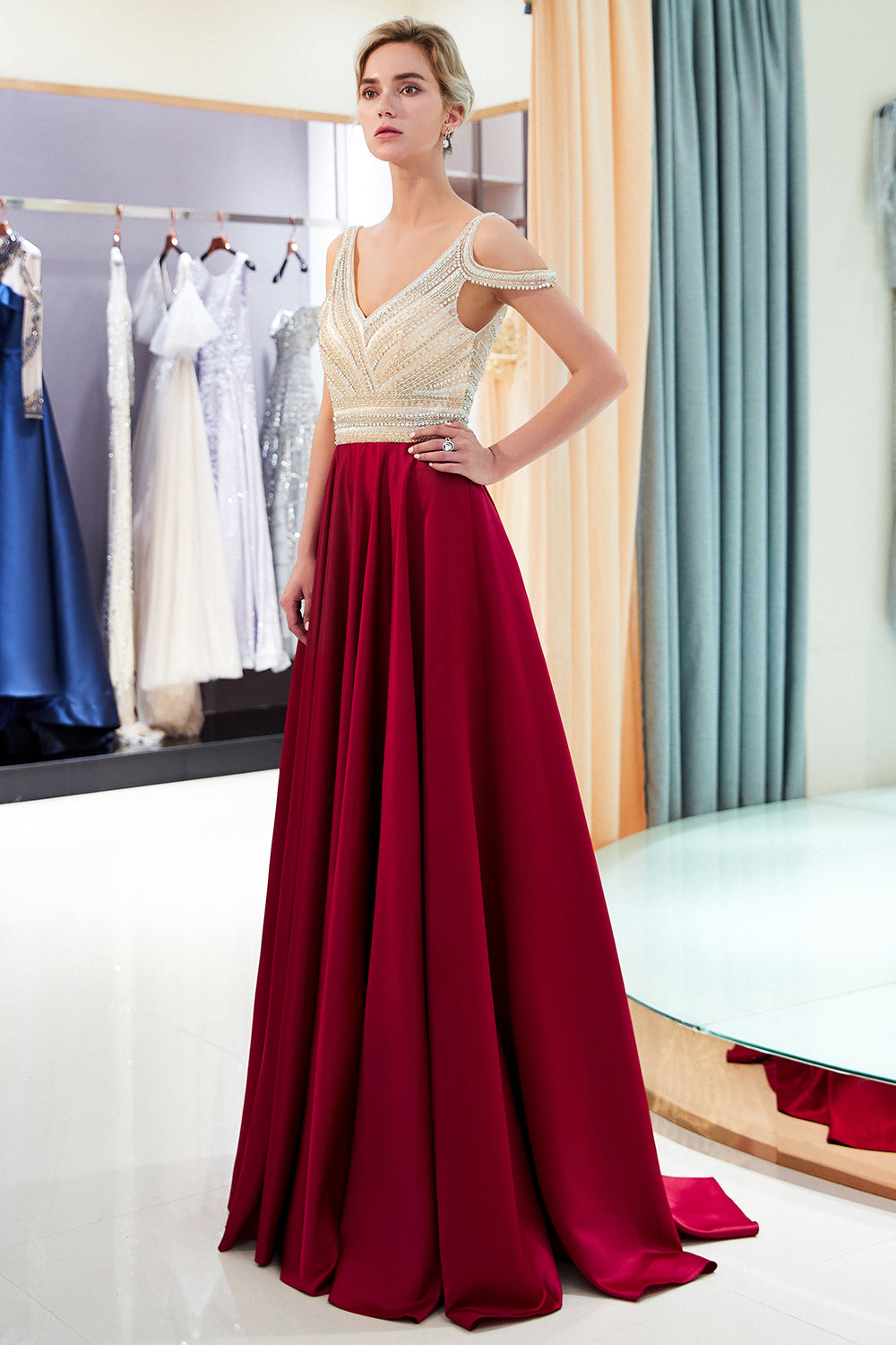 V-Neck Sleeveless Red Evening Dresses | Sexy Crystal Open Back Prom Dress