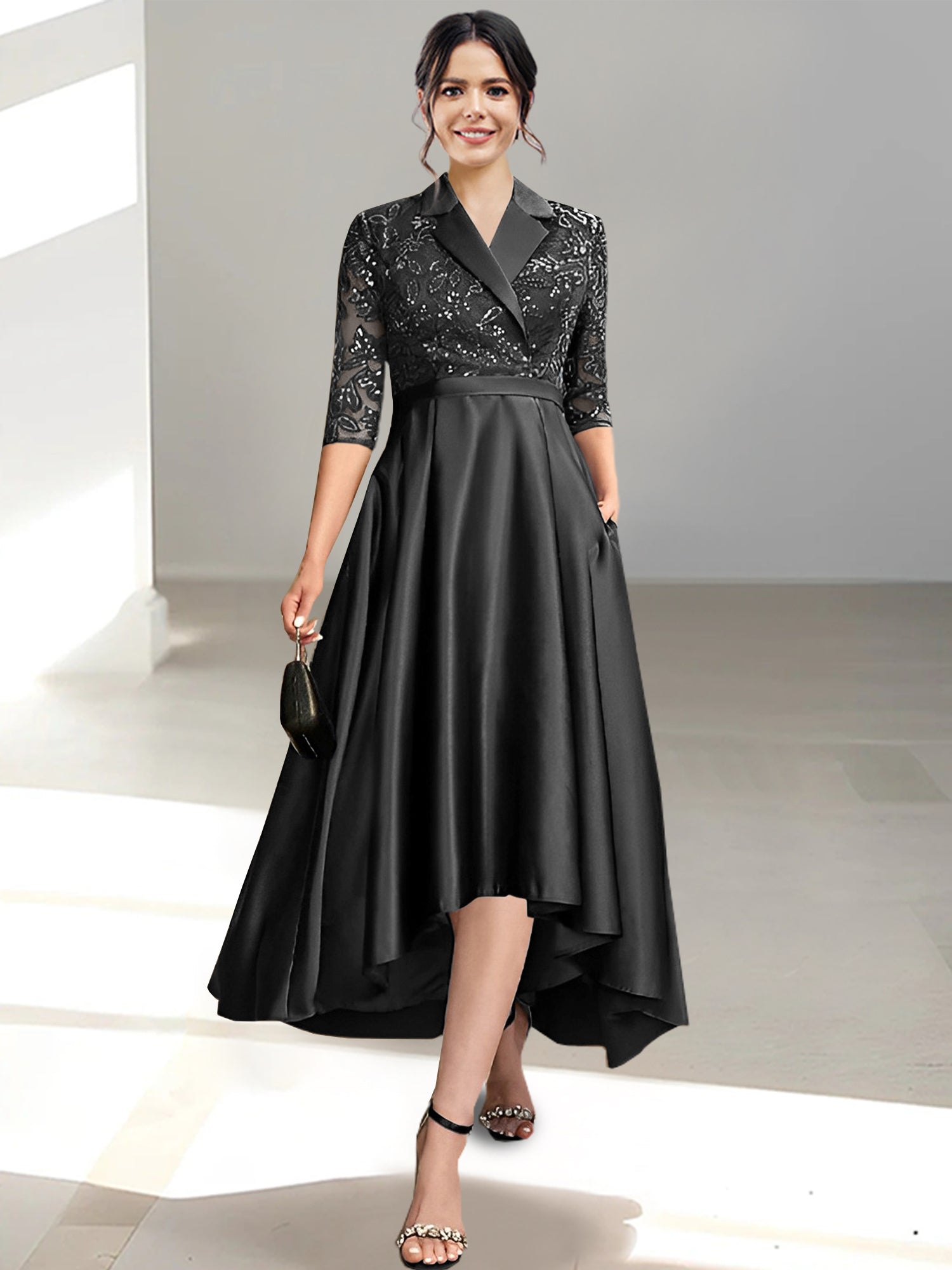 V Neck Tea Length Sheath Column Dress for the Mother of the Bride