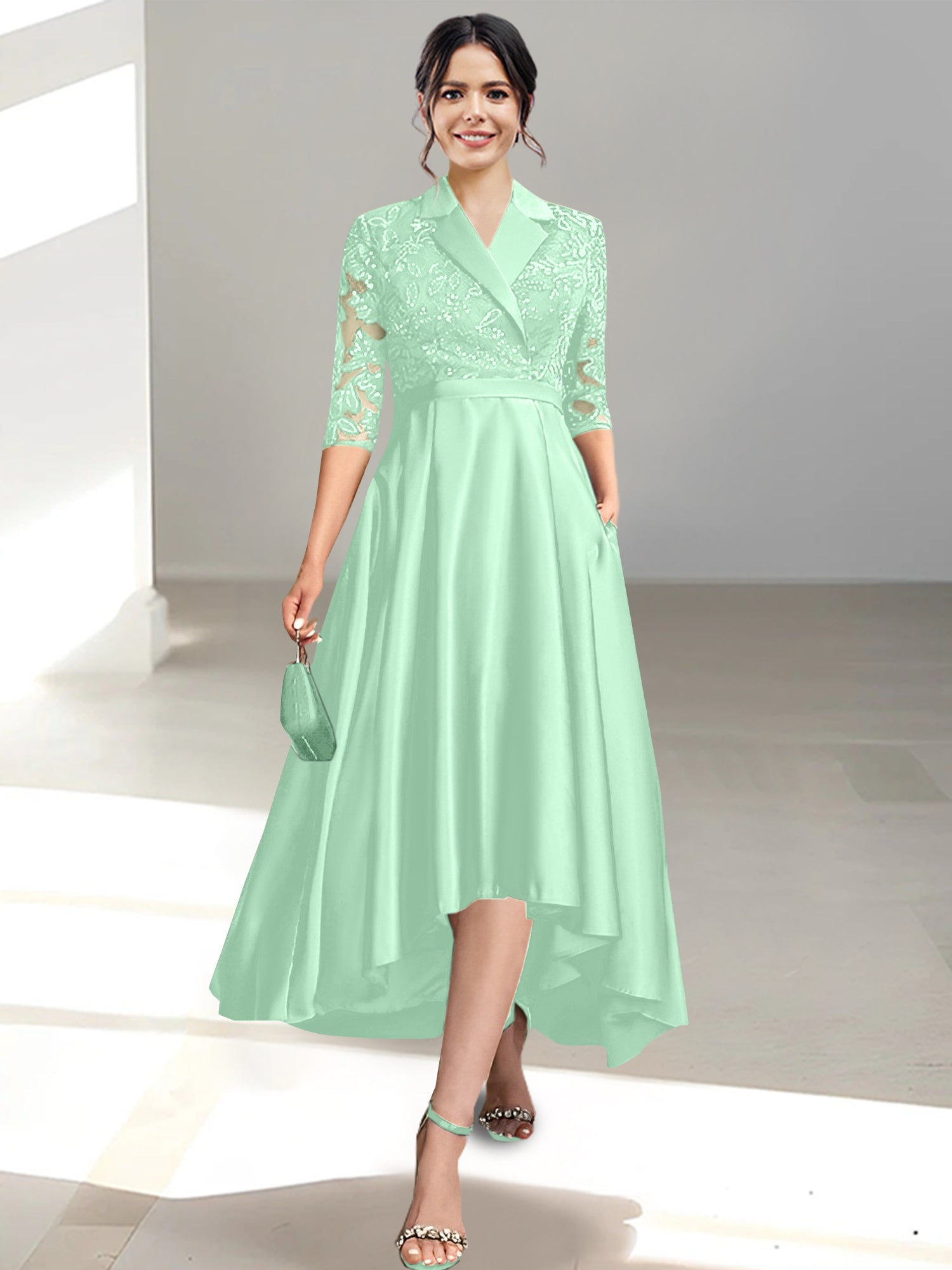 V Neck Tea Length Sheath Column Dress for the Mother of the Bride