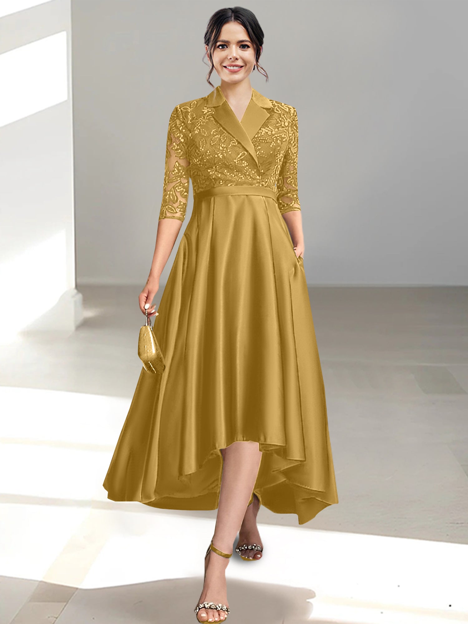 V Neck Tea Length Sheath Column Dress for the Mother of the Bride