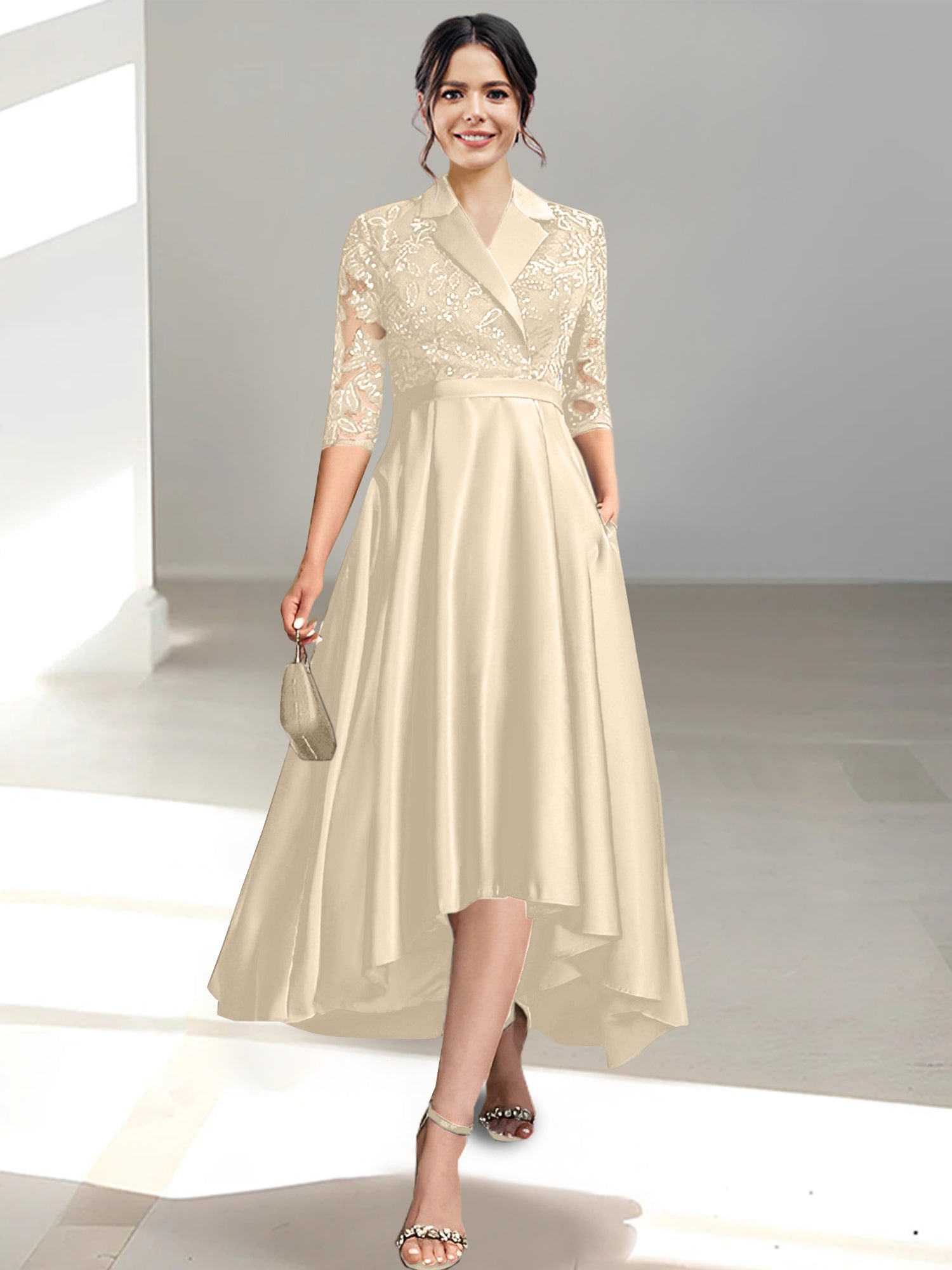 V Neck Tea Length Sheath Column Dress for the Mother of the Bride