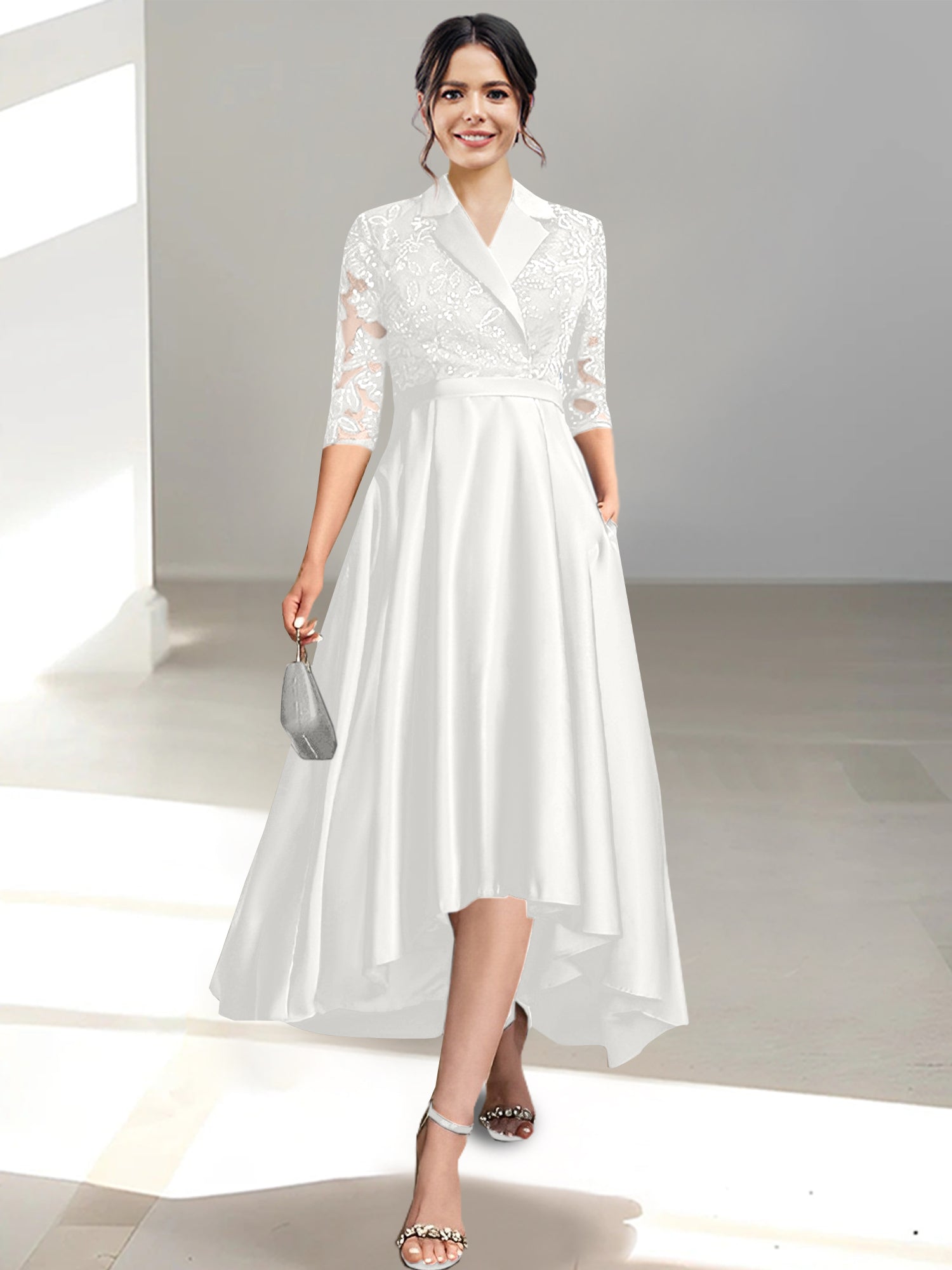 V Neck Tea Length Sheath Column Dress for the Mother of the Bride