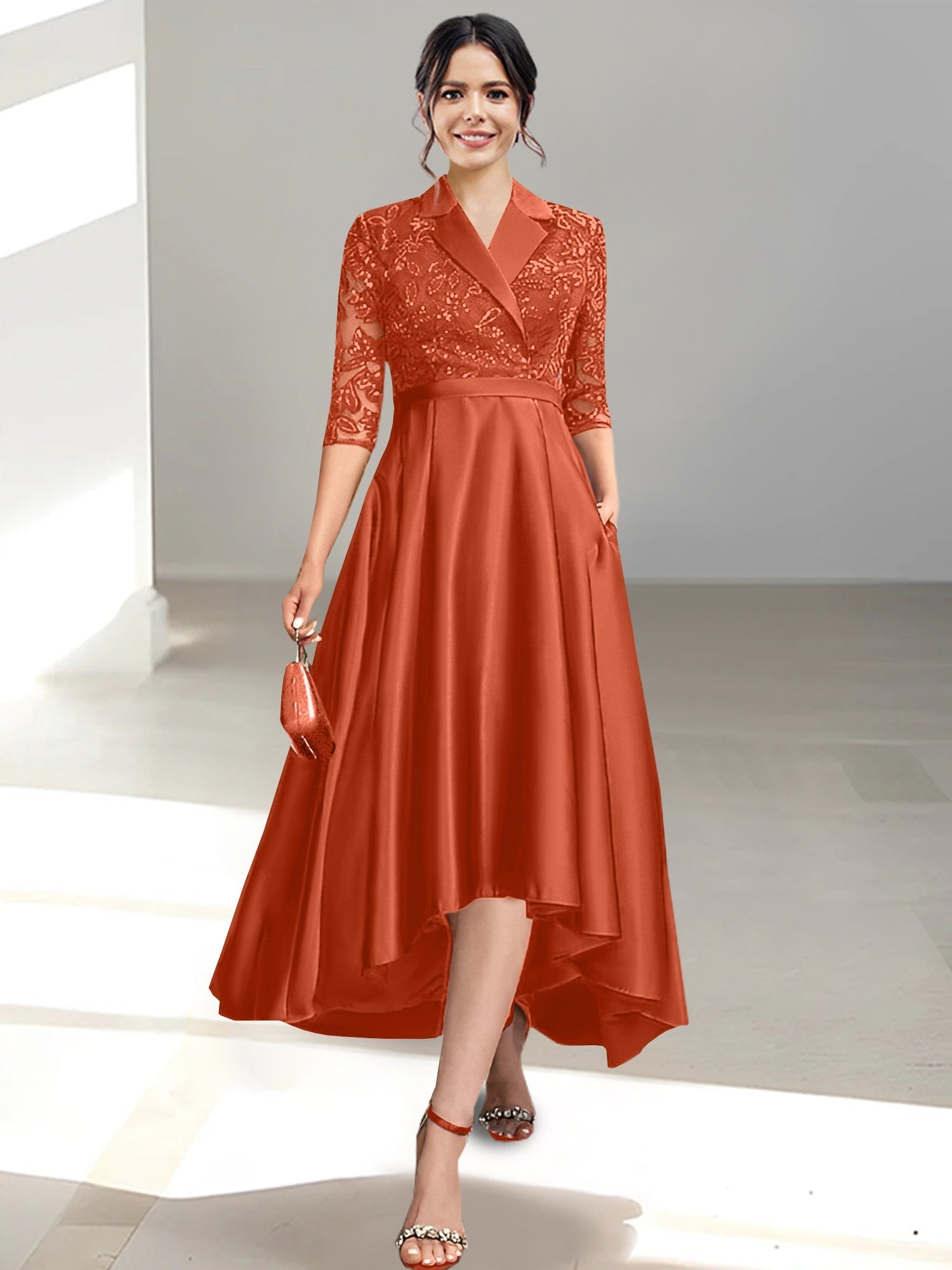 V Neck Tea Length Sheath Column Dress for the Mother of the Bride