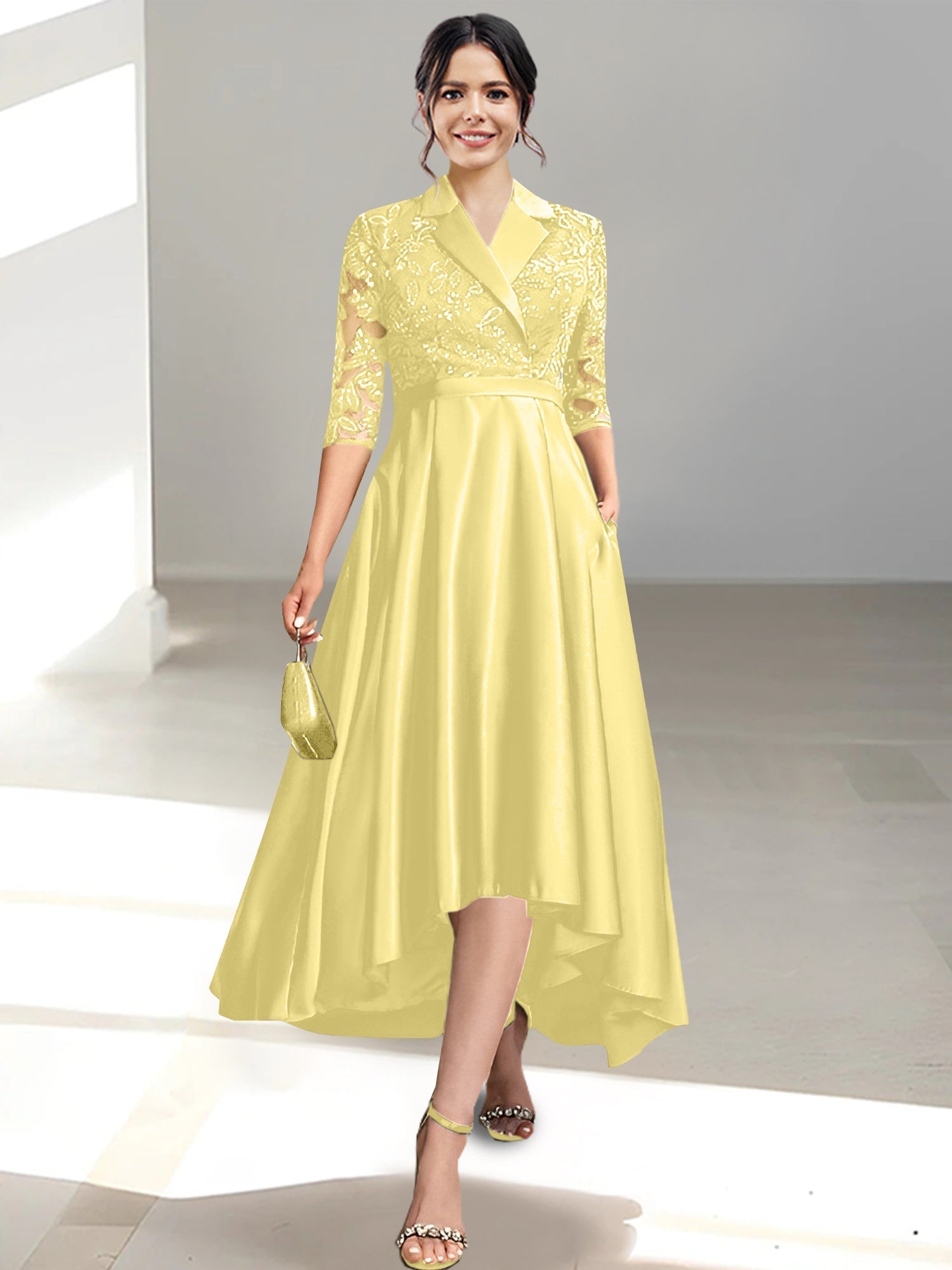 V Neck Tea Length Sheath Column Dress for the Mother of the Bride