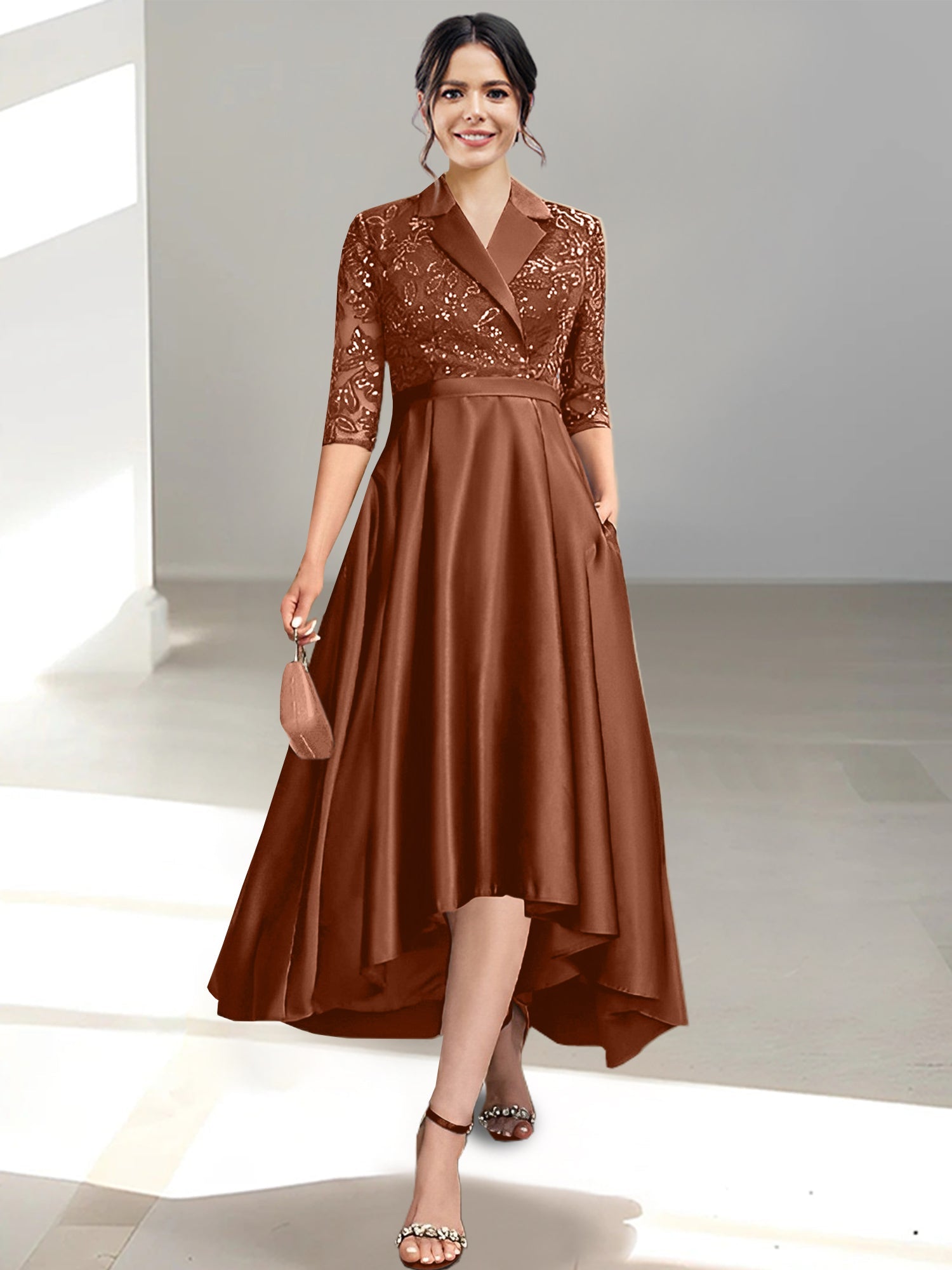 V Neck Tea Length Sheath Column Dress for the Mother of the Bride
