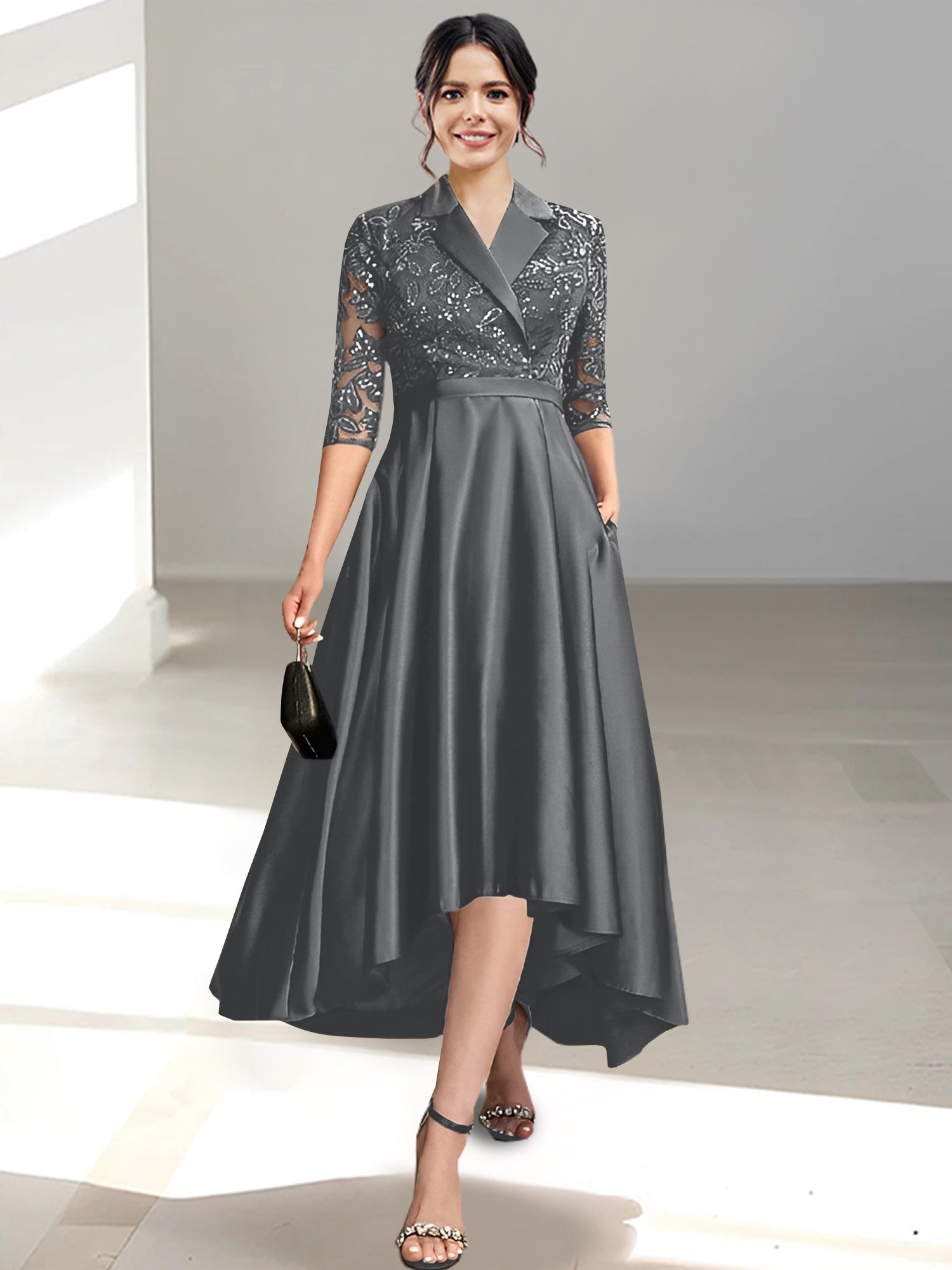 V Neck Tea Length Sheath Column Dress for the Mother of the Bride