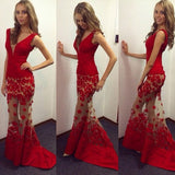 V-Neck Tulle Red Lace Evening Gown New Arrival Mermaid Long Prom Dresses