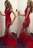 V-Neck Tulle Red Lace Evening Gown New Arrival Mermaid Long Prom Dresses