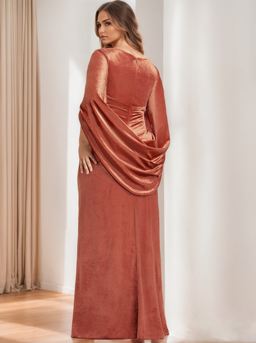 V Neck Velvet Mother of the Bride Gown with Ruffles in Plus Size