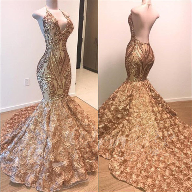 V-neck Backless Sexy Gold Prom Dress Online | Mermaid Appliques Floral Prom Dress with Long Train Bc1609