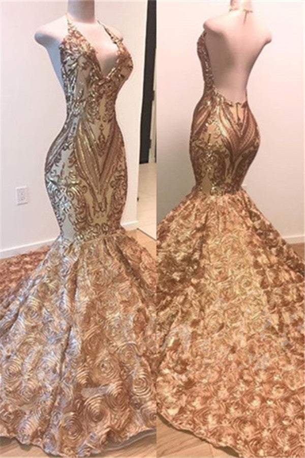V-neck Backless Sexy Gold Prom Dress Online | Mermaid Appliques Floral Prom Dress with Long Train Bc1609