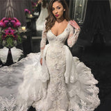 V-neck Beads Appliques Wedding Dresses with Sleeves | Mermaid Overskirt Sexy Bride Dresses
