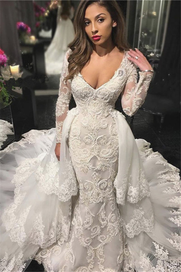V-neck Beads Appliques Wedding Dresses with Sleeves | Mermaid Overskirt Sexy Bride Dresses