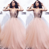 V-neck Beads Sequins Coral Prom Dresses | Sleeveless Puffy Tulle Sexy Evening Gowns