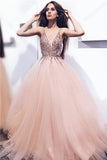 V-neck Beads Sequins Coral Prom Dresses  | Sleeveless Puffy Tulle Sexy Evening Gowns