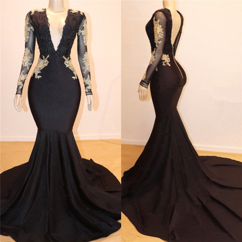 V-neck Gold Lace Open Back Prom Dresses | Mermaid Long Sleeve Sexy Black Graduation Dress BC1519