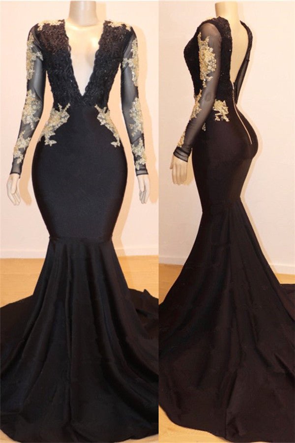 V-neck Gold Lace Open Back Prom Dresses | Mermaid Long Sleeve Sexy Black Graduation Dress BC1519