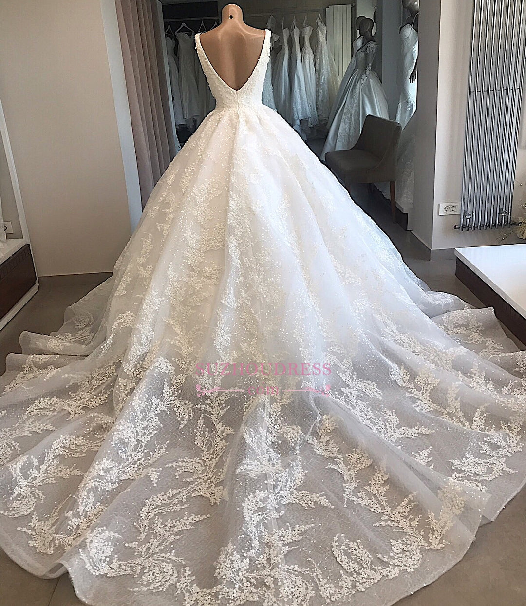 V-neck Lace Ball-Gown Glamorous Appliques Wedding Dresses